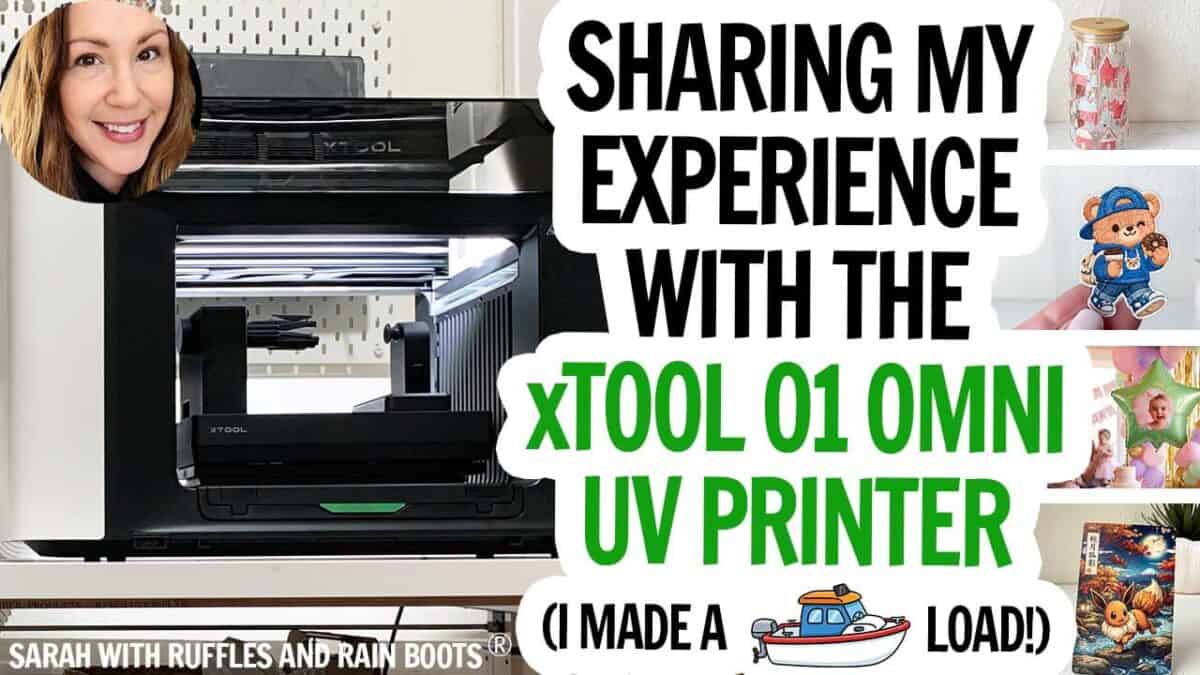 Horizontal image of a UV printer and projects that is a YouTube thumbnail for the review of the xTool O1 dual with text which reads, Sharing my experience with the xTool O1 OMNI UV printer.