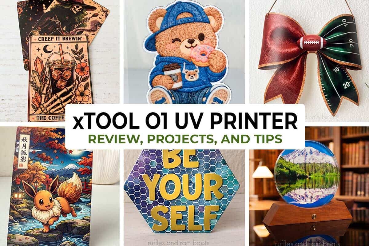 Horizontal image collage of six projects made with a UV printer and text which reads xTool O1 UV Printer review, projects, and tips.