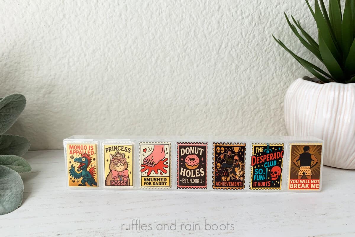 Horizontal image of a custom pill container from the dollar store turned into a Dungeon Crawler Carl keepsake.